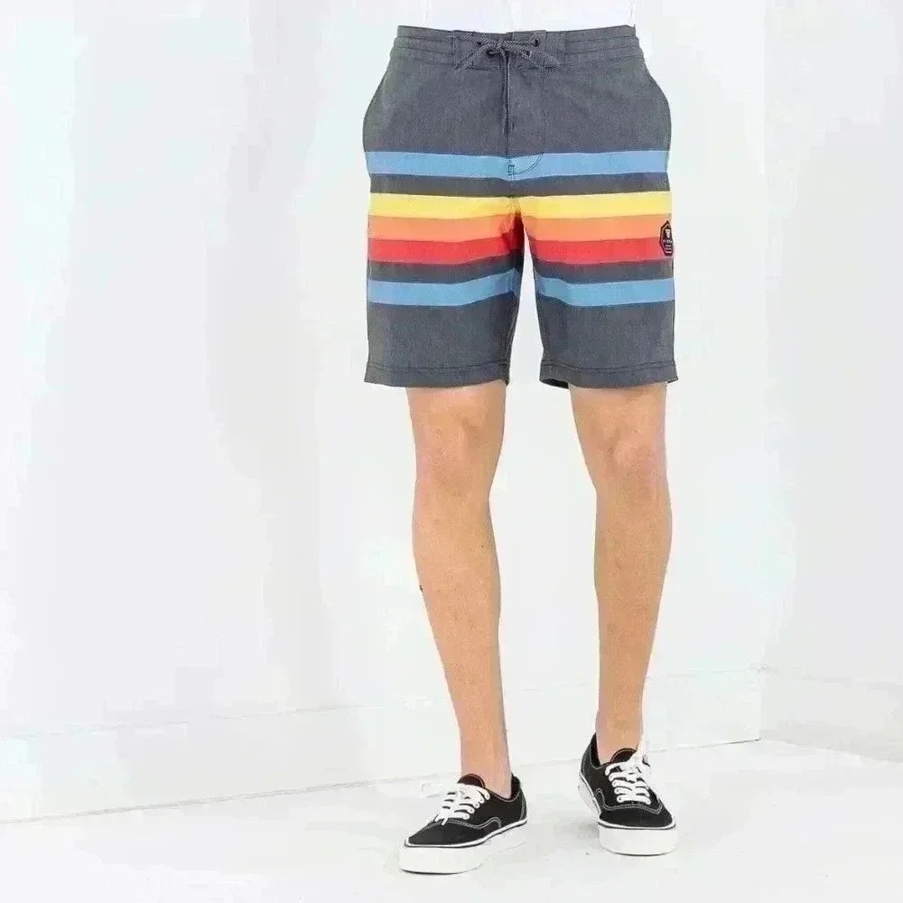 Vissla Mens Board Shorts Striped Swim Trunks Size 29 Charcoal Blue Red Yellow
